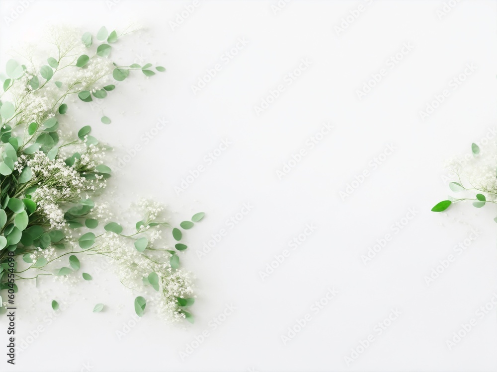 Obraz premium Styled stock photo. Feminine wedding desktop mockup with baby's breath Gypsophila flowers, dry green eucalyptus leaves, satin ribbon and white background. Top view. Picture for blog. Generative ai