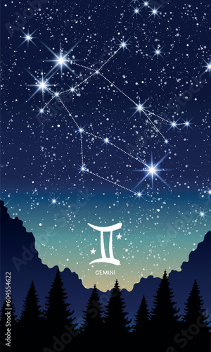 Gemini zodiac sign, constellation in the night sky, landscape vertical postcard for stories. Template for astrology, fortune teller, astronomy calendar. Modern vector illustration.