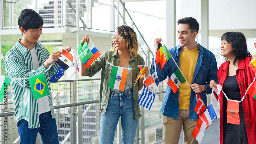 Multinational group with bunting flags. International exchange.