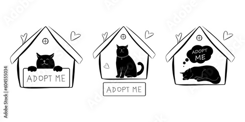 Cute cat animal with banner, adopt me phrase, conceptual illustration isolated on white background. Doodle vector drawing. Rescue abandoned pet in shelter. Simple house silhouette.