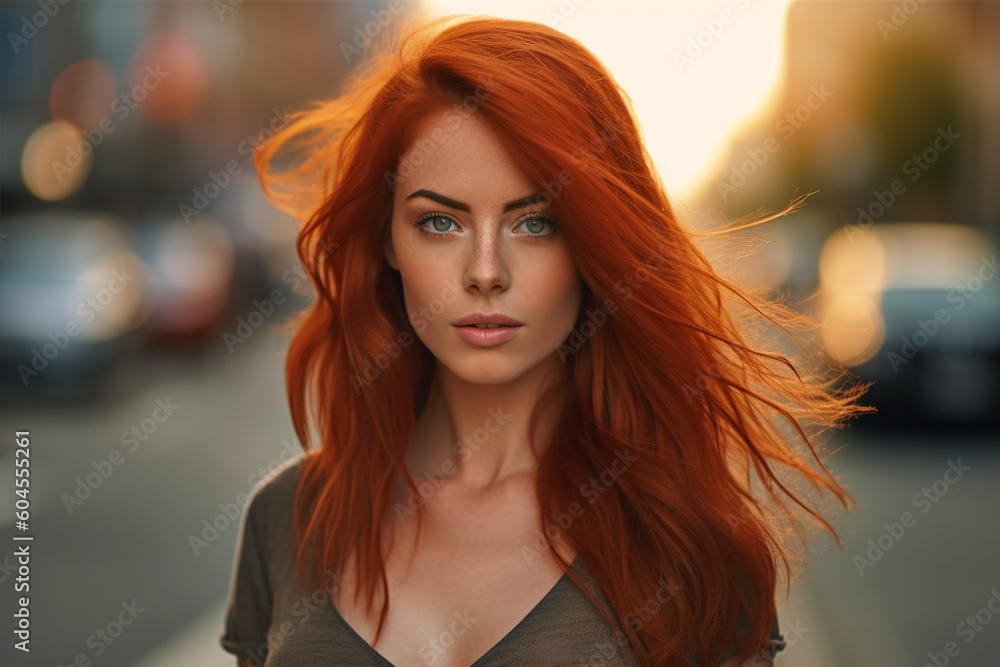 Portrait of a young woman with rich red color hair in the city. High quality photo Generative AI