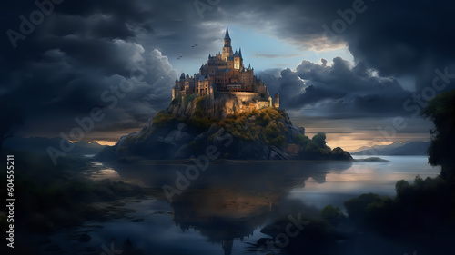 A castle on top of a mountain. Surrounded with a lake. Beautiful dramatic clouds.