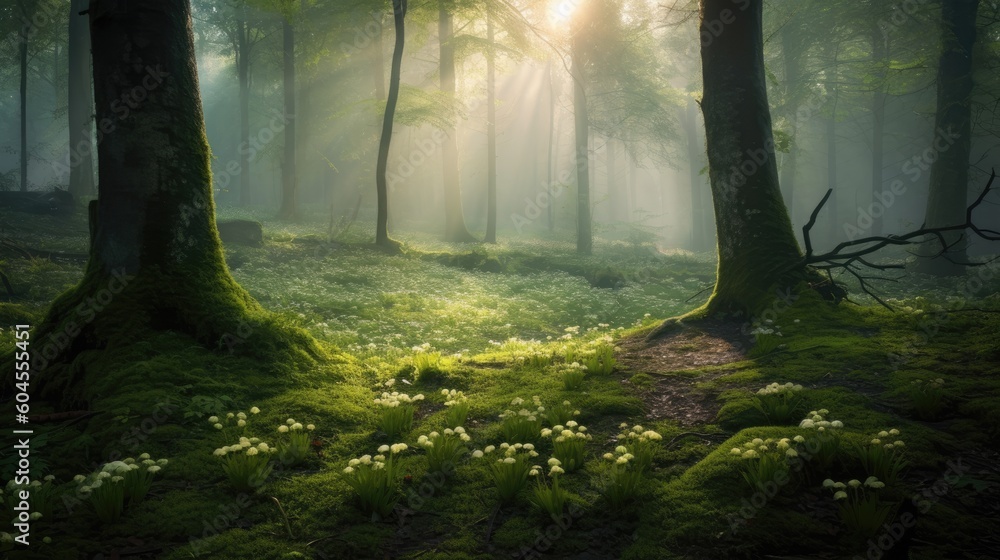 A magical wonderland - a whimsical forest with sunrays, a place of enchantment and mystery