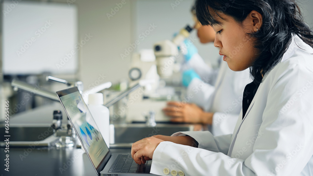 Female researcher looking at a molecular model. science student. Female researcher looking at a molecular model. science student.