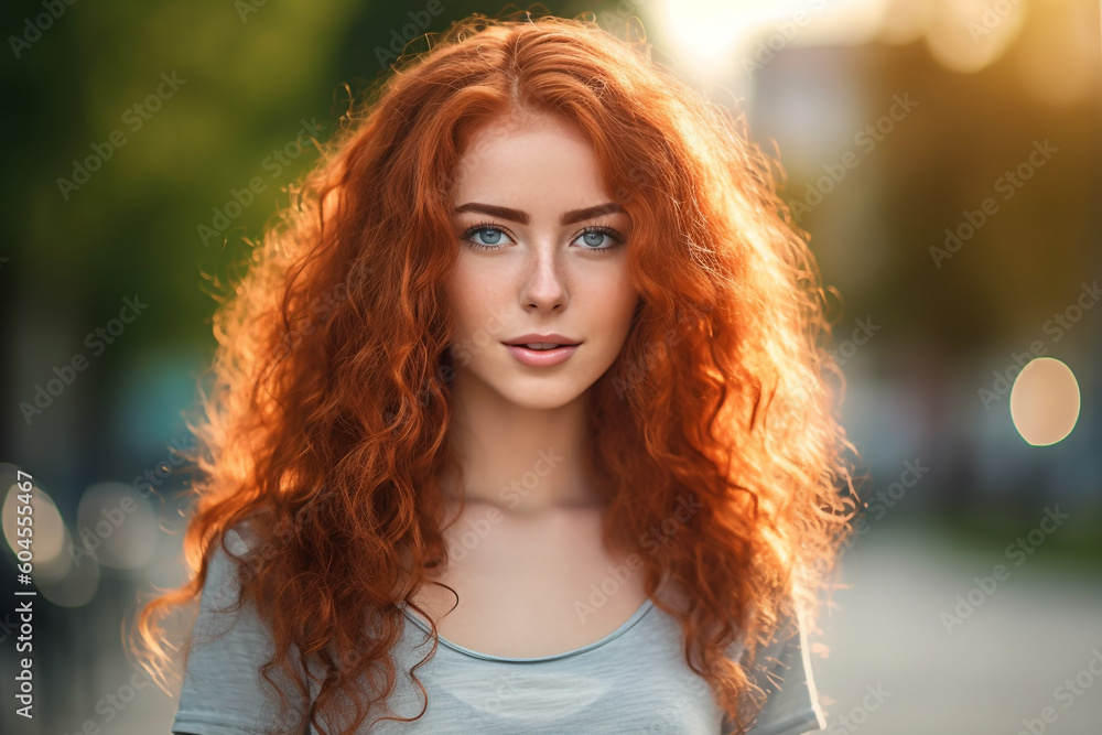 Portrait of a young woman with rich red color hair in the city. High quality photo Generative AI Portrait of a young woman with rich red color hair in the city. High quality photo Generative AI