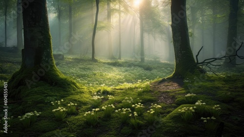 A magical wonderland - a whimsical forest with sunrays  a place of enchantment and mystery