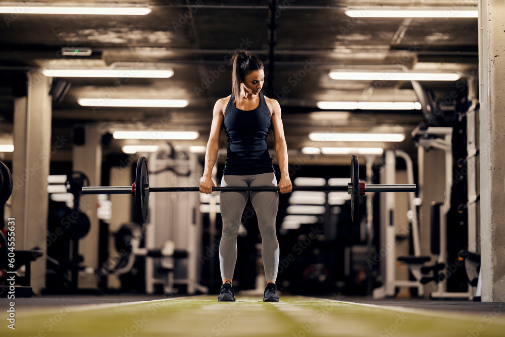 A fit female bodybuilder is standing in a gym and holding heavy barbell. A fit female bodybuilder is standing in a gym and holding heavy barbell.