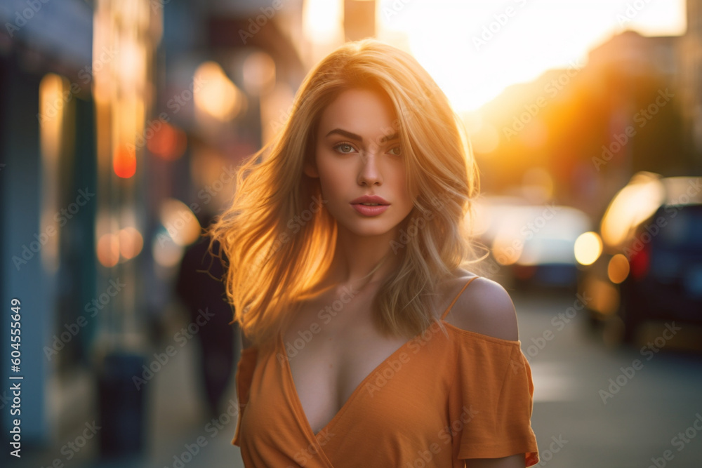 Fototapeta premium Portrait of a young woman with rich blond color hair in the city. High quality photo Generative AI