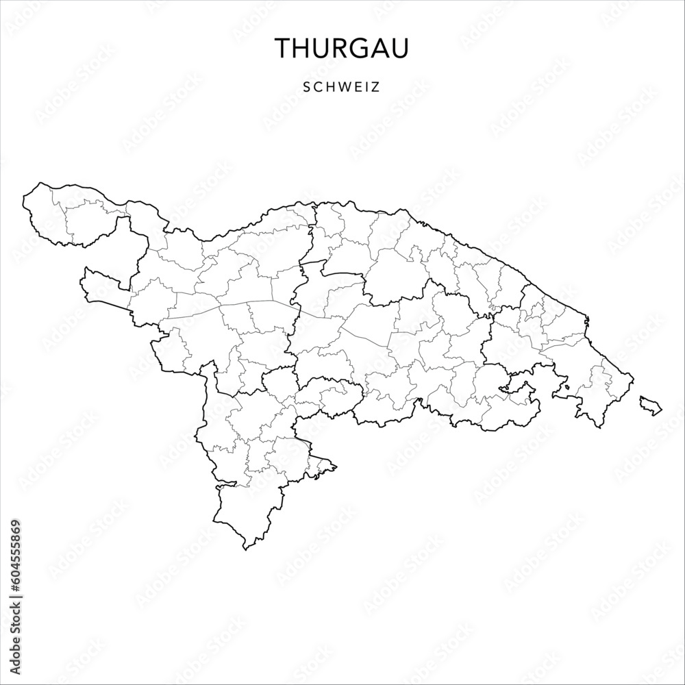 Vector Map of the Canton of Thurgovia (Thurgau) with the Administrative Borders of Districts (Bezirke) and Municipalities (Gemeinde) as of 2023 - Switzerland (Schweiz)