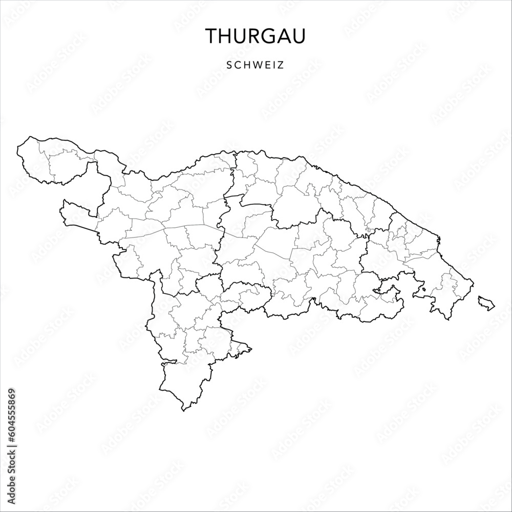 Obraz premium Vector Map of the Canton of Thurgovia (Thurgau) with the Administrative Borders of Districts (Bezirke) and Municipalities (Gemeinde) as of 2023 - Switzerland (Schweiz)