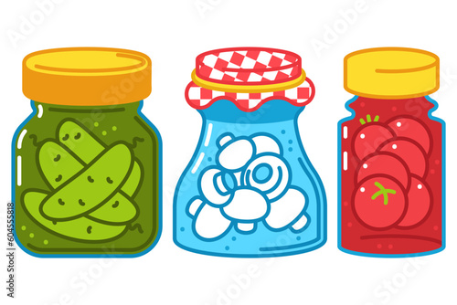 Jar food in preserved vector cartoon set isolated on a white background.