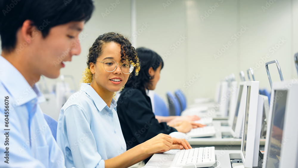 Multinational operator group working in the office. Call center. Customer support staff. Multinational operator group working in the office. Call center. Customer support staff.