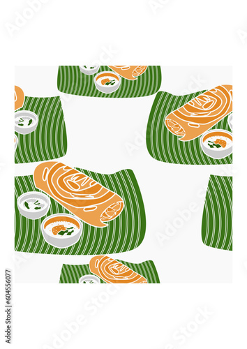 Editable Top Side View Indian Masala Dosa With Chutney and Sambar on Banana Leaf Vector Illustration Seamless  Pattern for Background of Cuisine Related Design With South Asian Culture and Tradition