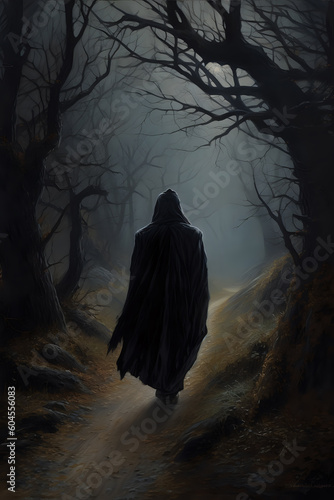 A figure wearing black hooded robe walking in a spooky dead forest path. Generative AI.