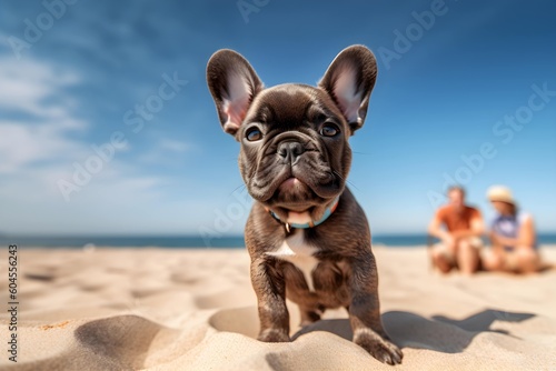 Cute French Bulldog Puppy Basking on Sandy Beach © ayoub