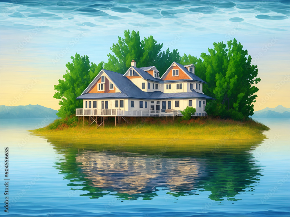 Fisherman house on the lake. AI generated illustration