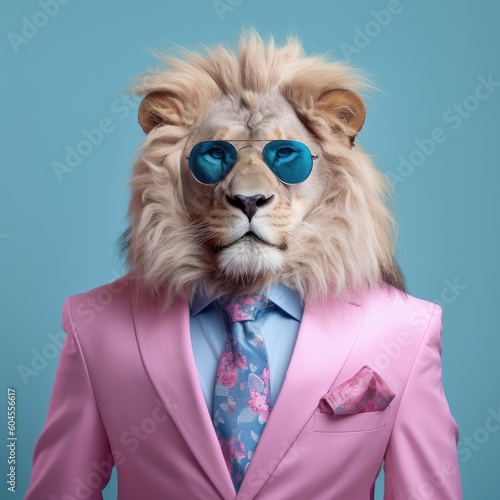 Portrait of lion wearing business suit with tie and sunglasses. Generative AI art