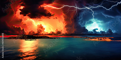 Vast seascape beneath a dramatic sky illuminated by lightning, Generative AI