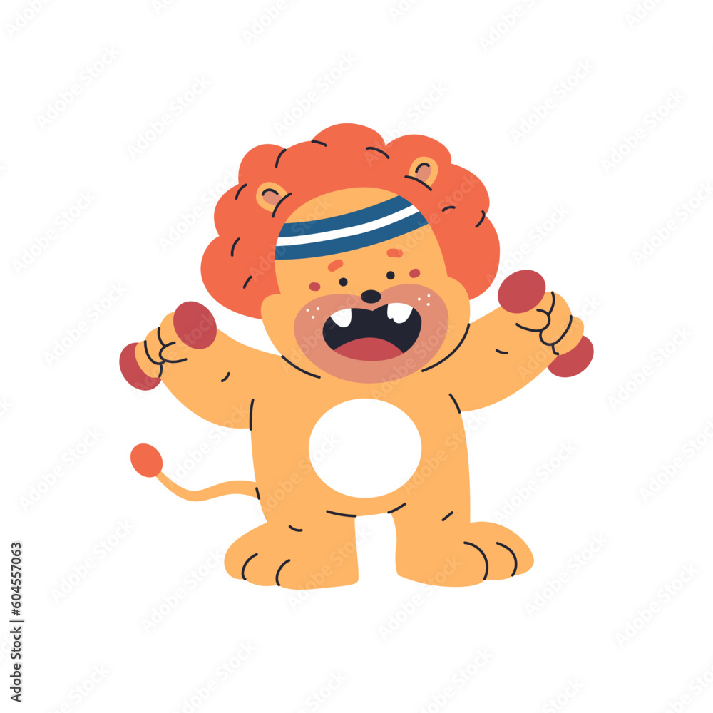 Obraz premium Cute lion with dumbbells vector cartoon character isolated on a white background.