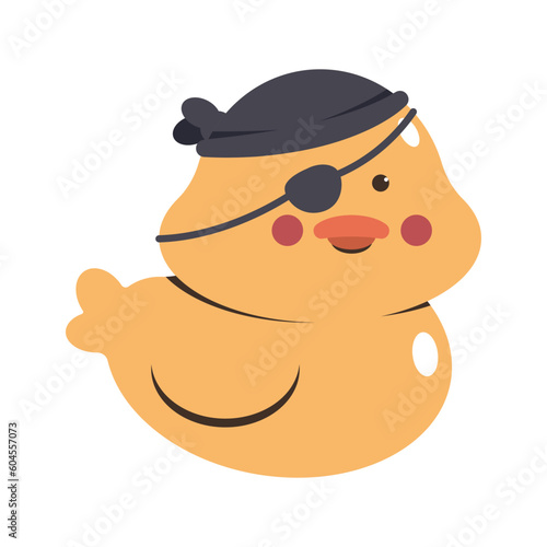 Cute bathroom rubber duck in pirate costumes vector cartoon character isolated on a white background.