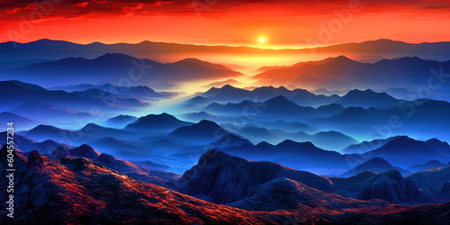 Sweeping view of a spectacular mountain range at sunrise  Generative AI