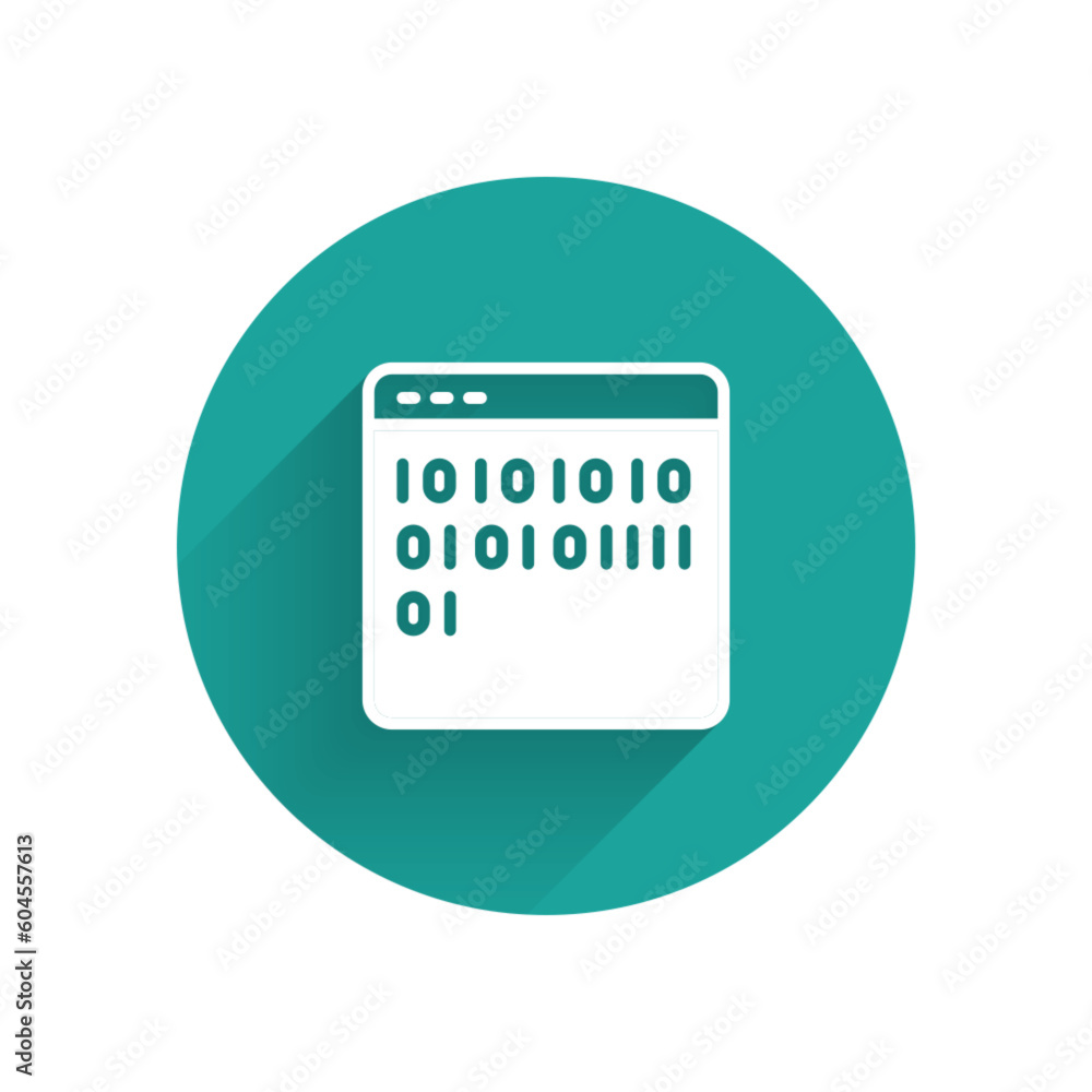 White Binary code icon isolated with long shadow. Green circle button. Vector White Binary code icon isolated with long shadow. Green circle button. Vector
