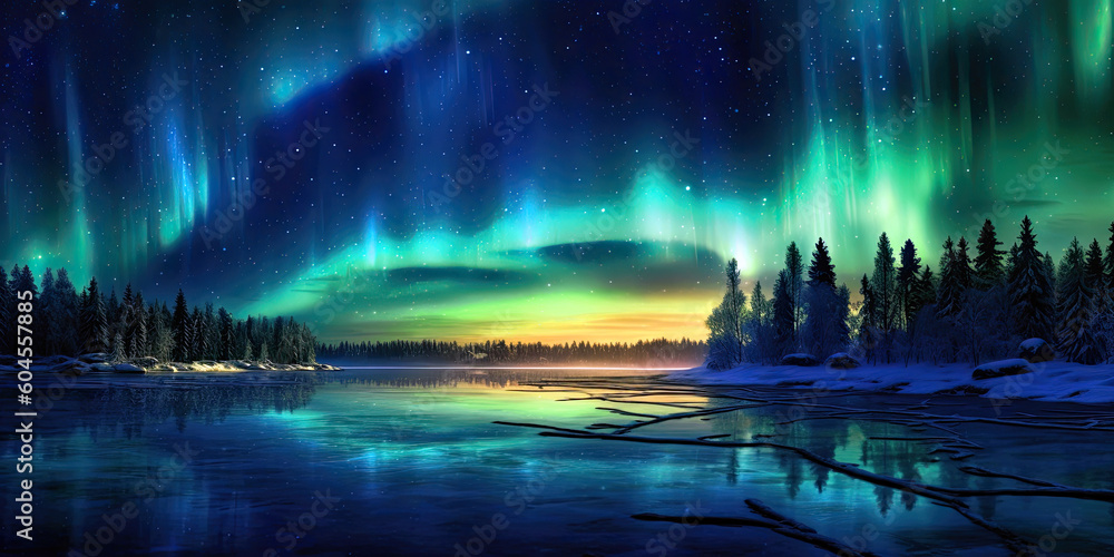 Frosted pine trees against the serene backdrop of the Northern Lights, Generative AI
