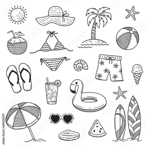 Set of summer and beach theme design elements in doodle style