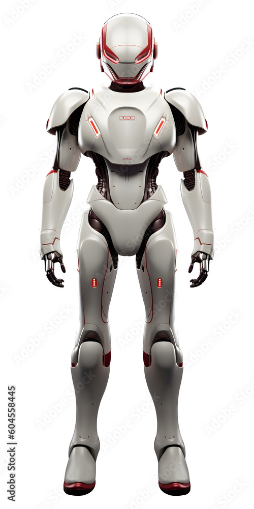 a robot with a metallic silver body on transparent background. PNG. Generative AI