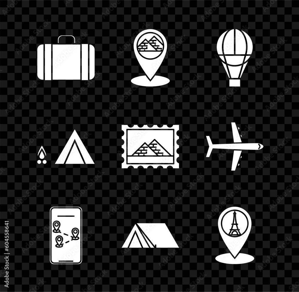 Set Suitcase for travel, Map pointer with Egypt pyramids, Hot air ...