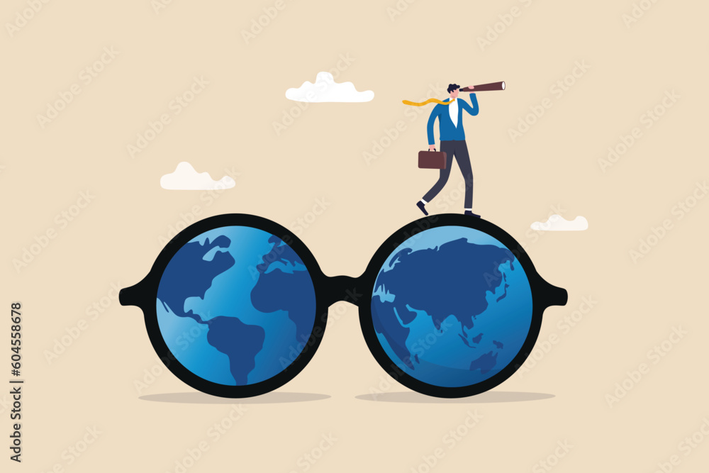 Global or world business vision, international business opportunity, searching for job, career or working abroad concept, businessman look through telescope on eyeglasses with world map. - obrazy, fototapety, plakaty 