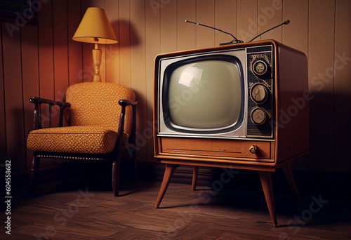 Retro television from the sixties, old fashioned vintage living room illustration, generative AI unreal tv models