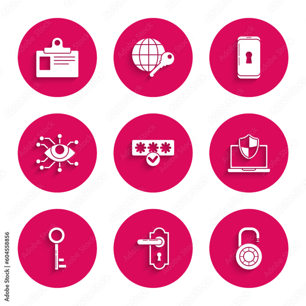 Set Password protection and safety access, Door handle, Safe combination lock wheel, Laptop protected with shield, Key, Eye scan, Smartphone and Identification badge icon. Vector Set Password protection and safety access, Door handle, Safe combination lock wheel, Laptop protected with shield, Key, Eye scan, Smartphone and Identification badge icon. Vector
