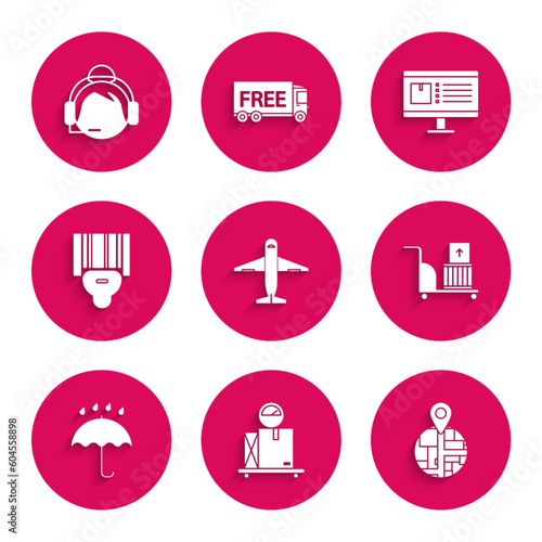 Set Plane, Scale with cardboard box, , Electric hand truck and boxes, Umbrella rain drops, Scanner scanning bar code, Computer monitor app delivery tracking and Support operator touch icon. Vector