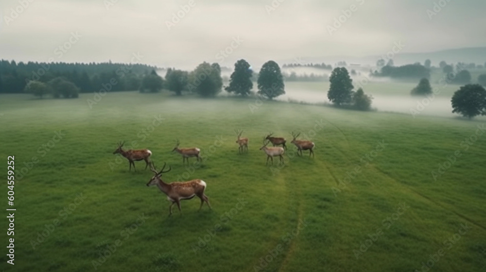Herd of Deer grazing on the grass in a cloudly day. Generated AI Herd of Deer grazing on the grass in a cloudly day. Generated AI