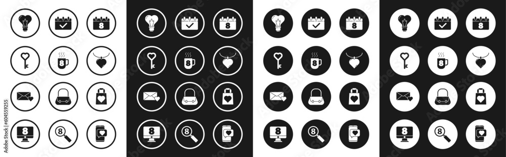 Set Calendar with 8 March, Coffee cup, Key in heart shape, Heart light bulb, Necklace shaped pendant, Shopping bag and Envelope icon. Vector Set Calendar with 8 March, Coffee cup, Key in heart shape, Heart light bulb, Necklace shaped pendant, Shopping bag and Envelope icon. Vector