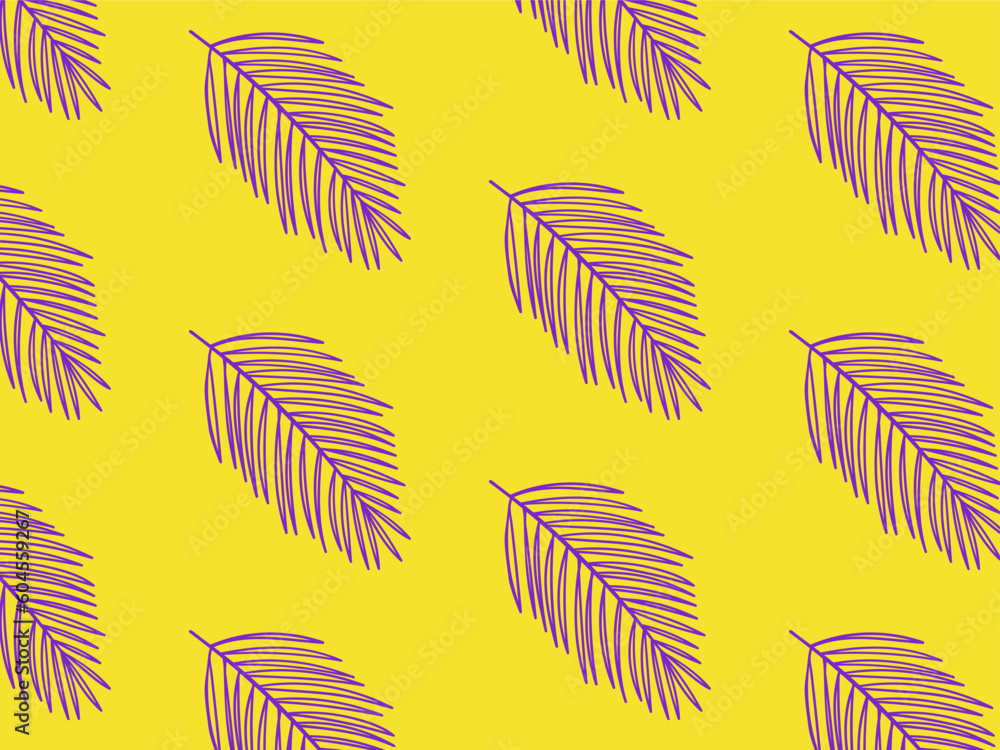 Yellow seamless pattern with purple palm leaves