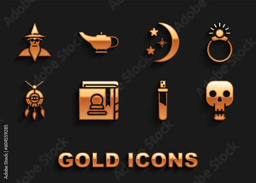 Set Ancient magic book, Magic stone ring with gem, Skull, Bottle love potion, Dream catcher feathers, Moon and stars, Wizard warlock and lamp or Aladdin icon. Vector