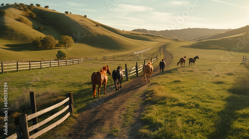 Horses grazing on pasture, aerial view of green landscape with horses. Generated AI