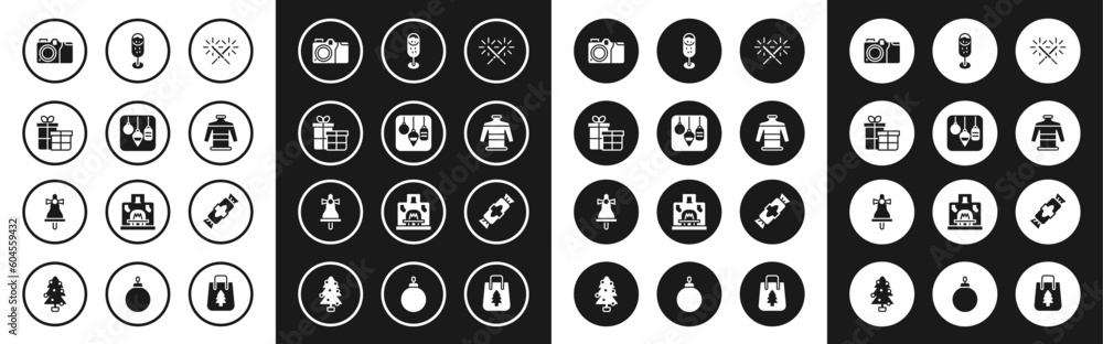 Set Sparkler firework, Christmas lights, Gift box, Photo camera, sweater, Glass of champagne, Candy and Merry ringing bell icon. Vector Set Sparkler firework, Christmas lights, Gift box, Photo camera, sweater, Glass of champagne, Candy and Merry ringing bell icon. Vector