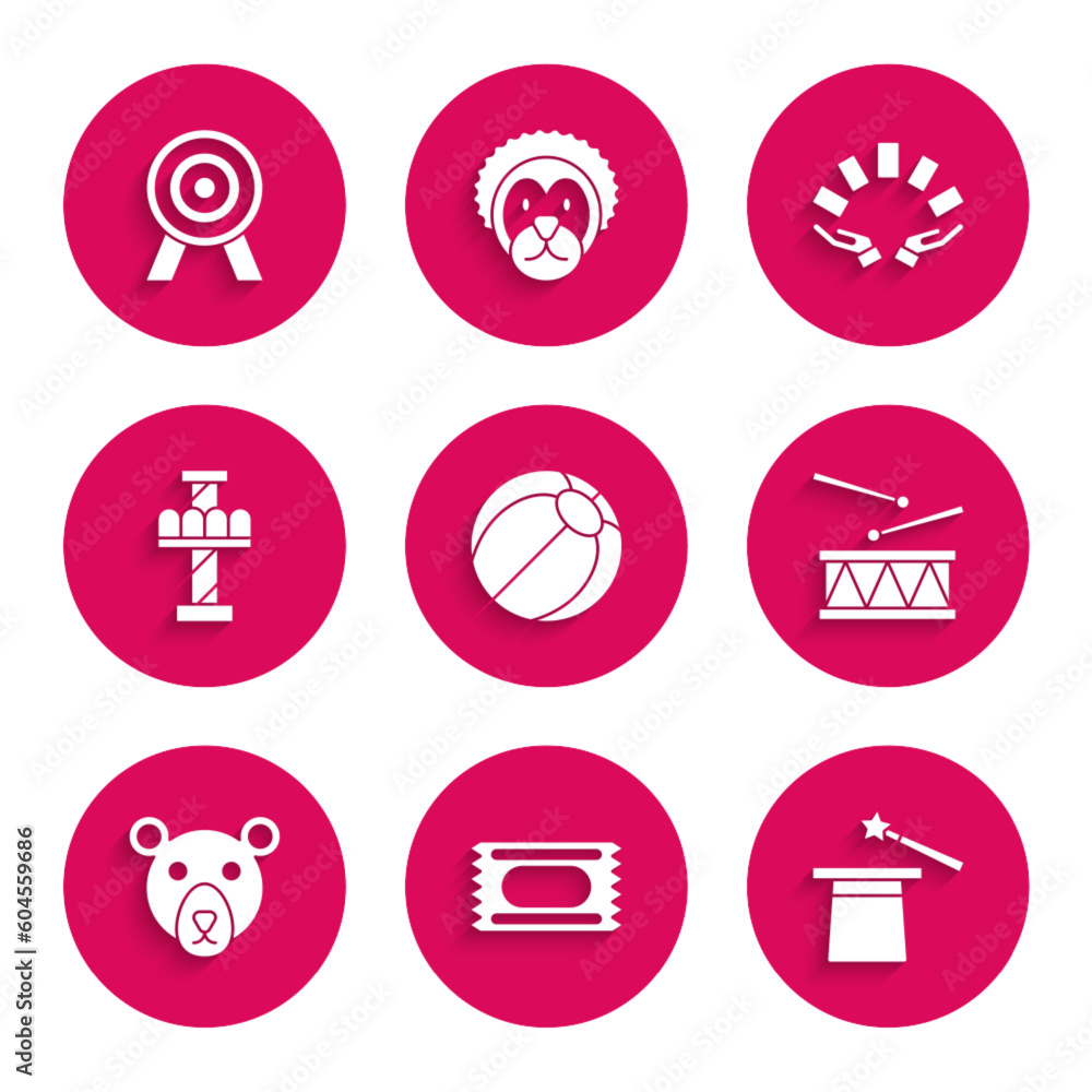 Set Beach ball, Circus ticket, Magic hat and wand, Drum with drum sticks, Bear head, Attraction carousel, Hand holding playing cards and Target icon. Vector Set Beach ball, Circus ticket, Magic hat and wand, Drum with drum sticks, Bear head, Attraction carousel, Hand holding playing cards and Target icon. Vector