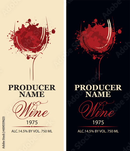 set of vector wine labels with a glass of wine, splashes and drops