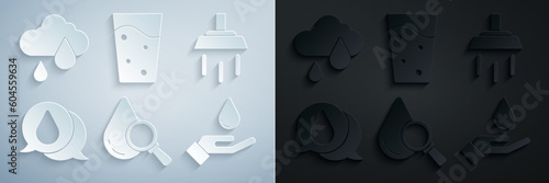 Set Drop and magnifying glass, Shower, Water drop, Washing hands with soap, Glass water and Cloud rain icon. Vector