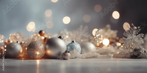 Christmas decoration bauble ball. Christmas and New Year background. Festive seasonal Christmas bright background. Holiday poster and banner, greeting card. generative ai
