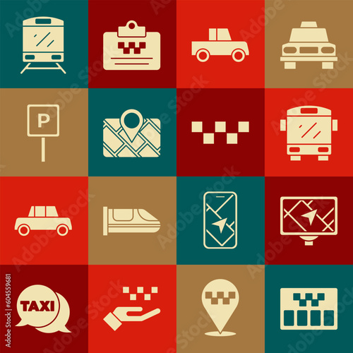 Set Taximeter, Gps device with map, Bus, Car, Parking, Train and car roof icon. Vector