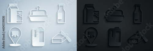 Set Milk in plastic bottle, Bottle with milk, Udder, Butter butter dish, and Paper package for kefir icon. Vector