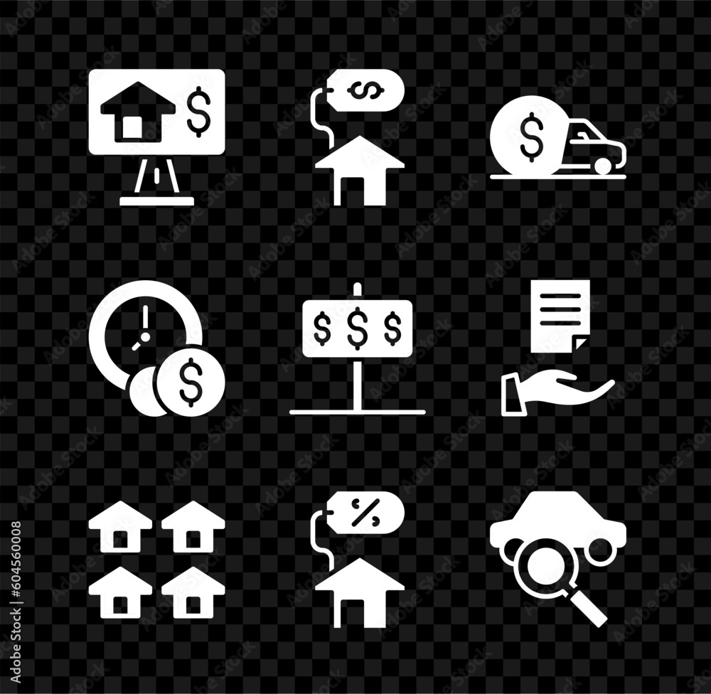 Set Online real estate, House with dollar, Car rental, Real, percant, sharing, Time is money and icon. Vector
