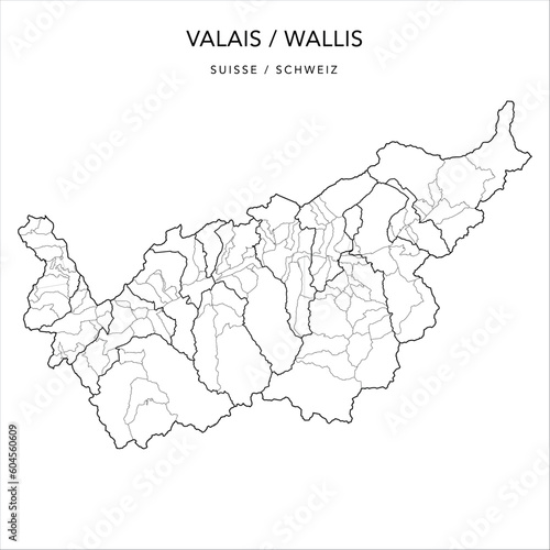 Vector Map of the Canton of Valais (Wallis) with the Administrative Borders of Districts (Bezirke) and Municipalities (Communes/Gemeinde) as of 2023 - Switzerland (Suisse/Schweiz)