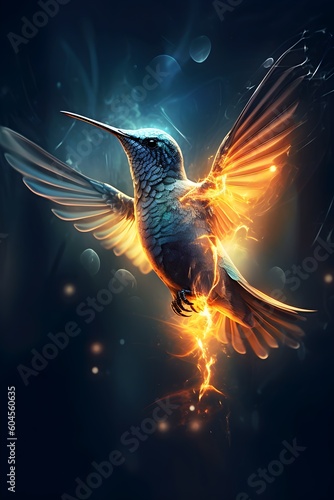 an image of a hummingbird, in the style of light blue and black, panel composition mastery, glowing lights, made of all of the above, caffenol developing, luminous shadowing, circuitry photo