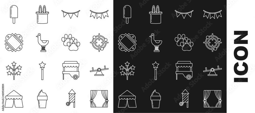 Set line Curtain, Seesaw, Target sport for shooting competition, Carnival garland with flags, Riding kid duck, Ticket, Ice cream and Paw print icon. Vector